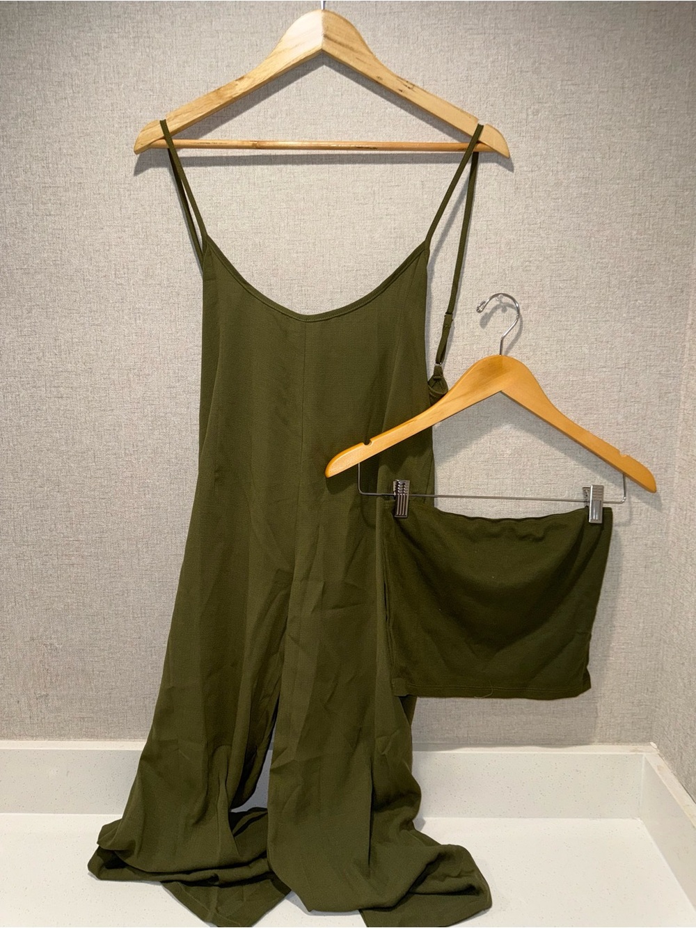 {SHEIN} Olive Green Slip Romper & Bandeau Set